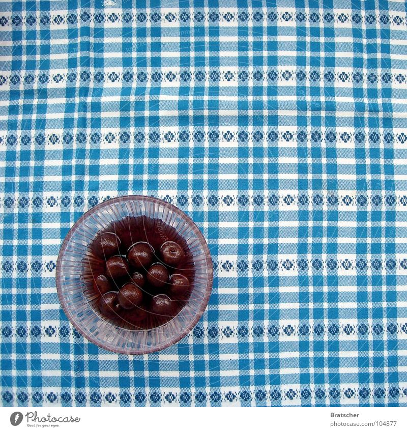 Born in 1984. Cherry Table Compote Bowl Red Fruit cherry red Checkered Food photograph Bird's-eye view Fruit bowl Dessert Fruity Pattern Tablecloth