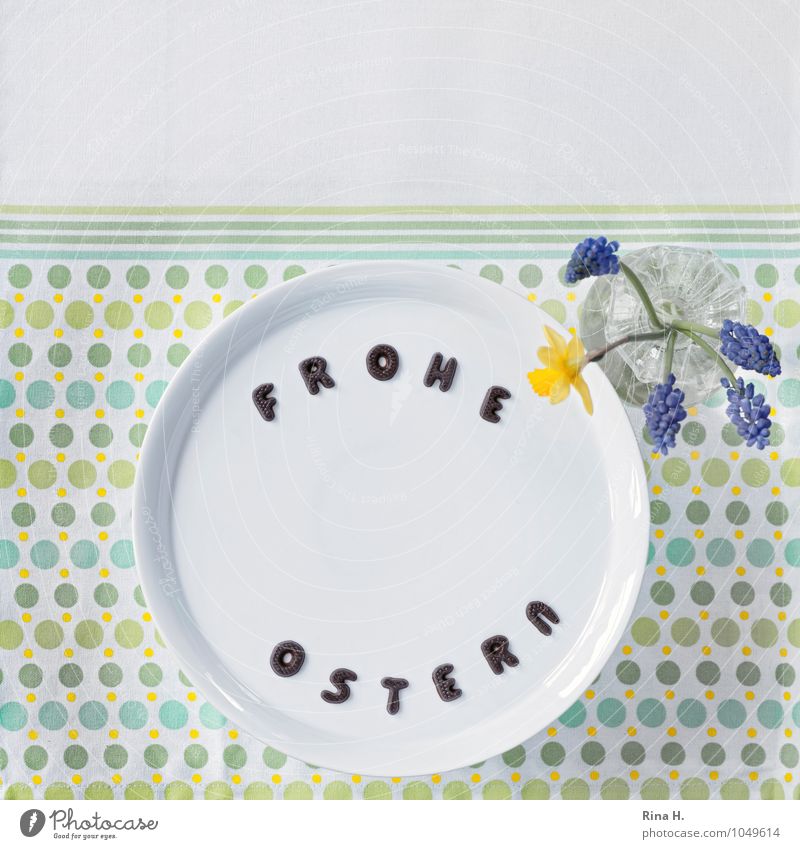 Happy Easter Feasts & Celebrations Blossoming Plate Typography Vase Wild daffodil Muscari Tablecloth Spotted Chocolate Colour photo Interior shot Deserted