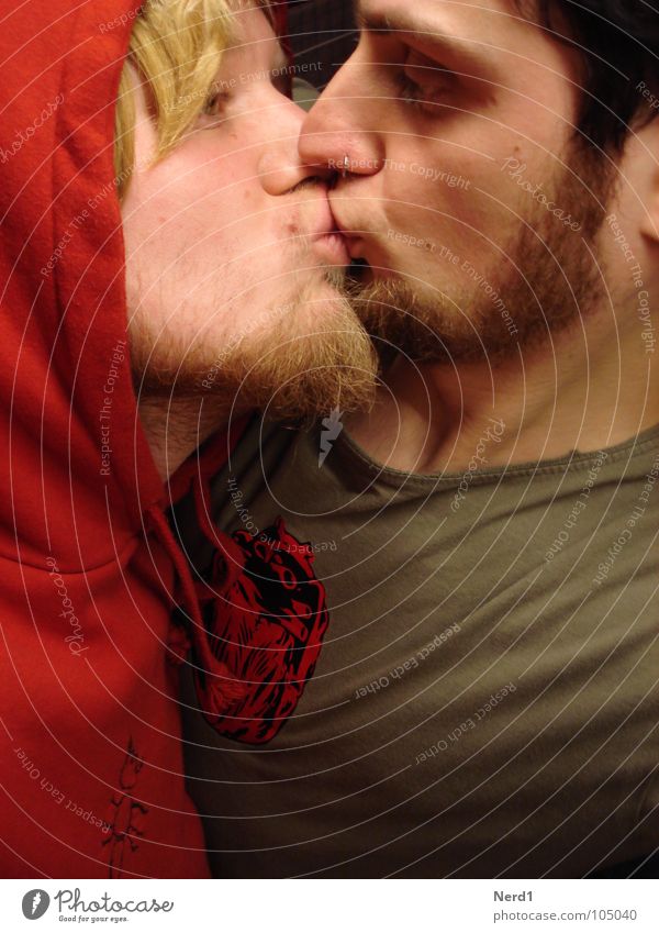 Look at me Homosexual Kissing Red Man Love Interior shot Portrait photograph Double portrait Face of a man Caresses Hooded sweater Hooded (clothing)