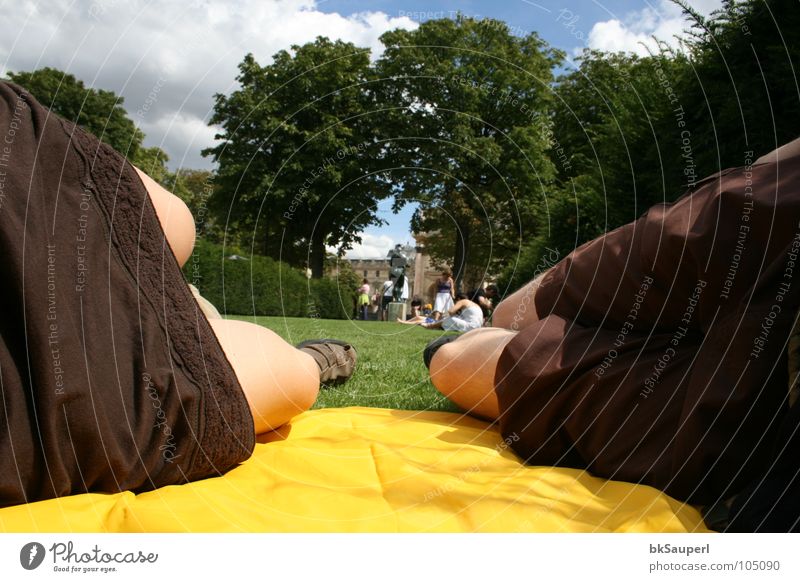 die gelbe pelerine Picnic Relaxation Playing Vacation & Travel Trip Human being Legs Sky Tree Grass Park Pants Footwear Lie Sleep Brown Yellow Fatigue Paris