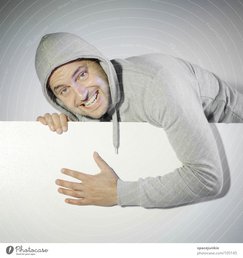 You're not happy. Man Portrait photograph Funny Humor Whimsical Surprise Cosmetic change Futile Sweater Wall (building) White Madness Crazy Joy Hiding place