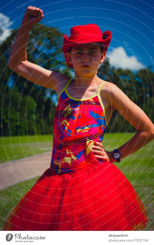 This is what winners look like. Girl at the Swimming Carnival. Red hat, red skirt in victory pose Joy Contentment Success Summer Aquatics Swimming & Bathing