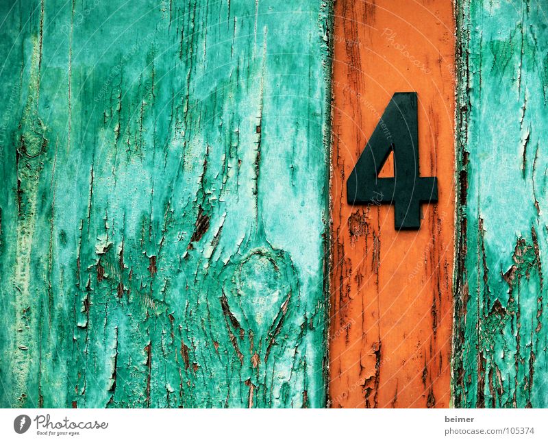 Number 4 Digits and numbers Wood Green Brown Door Old Orange Colour Derelict