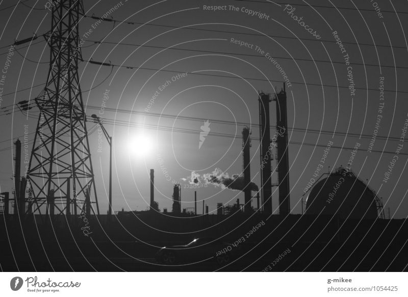 Industry Technology Advancement Future Industrial plant Factory Metal Gigantic Modern Town Black Black & white photo Exterior shot Deserted Evening Contrast