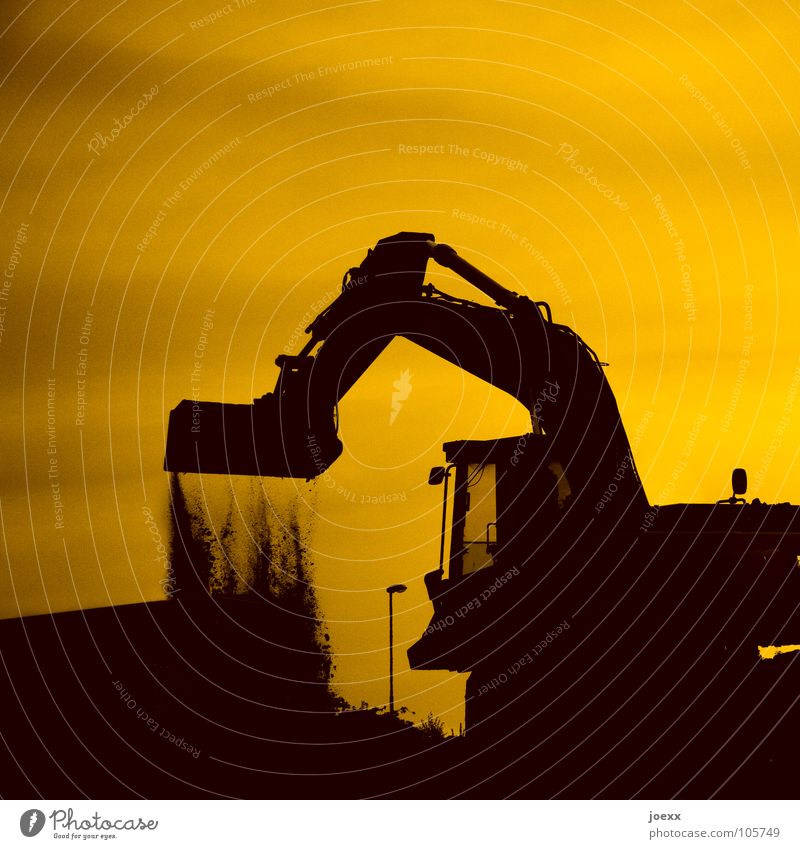Silhouette of excavator throws earth from shovel Pile up Dig Excavator Construction site Hill Earth Back-light Yellow Digging equipment Machinery Shovel Sand