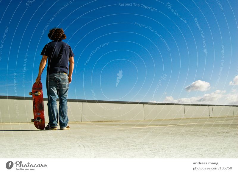 Or another one? Man Stand Skateboarding Sky Clouds Wall (barrier) Concrete Calm Human being Blue Wait Loneliness Rear view Skate park Parking level