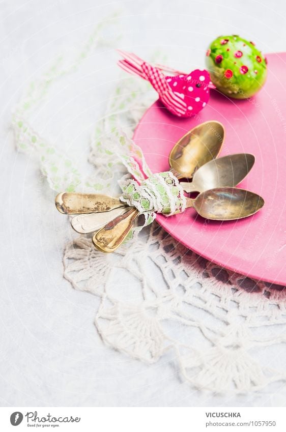 Old spoons on the plate with Easter egg Banquet Plate Spoon Style Design Kitchen Restaurant Feasts & Celebrations Plant Retro Yellow Pink Tradition Vintage