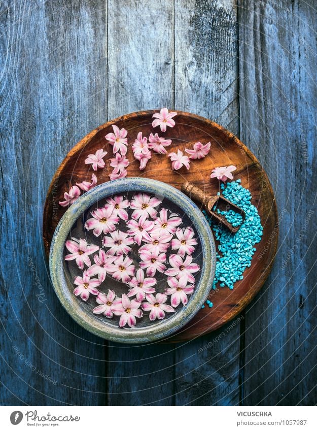 Bowl with flowers in water and shovel with bath salt Style Design Beautiful Personal hygiene Healthy Medical treatment Alternative medicine Wellness Well-being