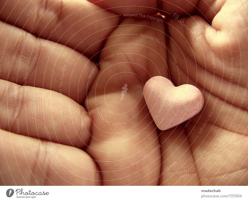 Love greetings: Heart in hand as a declaration of love and a sign of love or gift for Valentine's Day Candy Heart-shaped Close-up Hand Central perspective Sweet