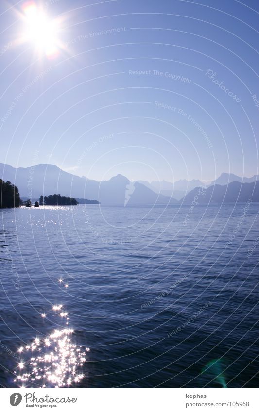Stars without stripes Lake Reflection Lake Lucerne Switzerland Watercraft Panorama (View) Mountain Blue Sun Star (Symbol) Central Switzerland Vantage point
