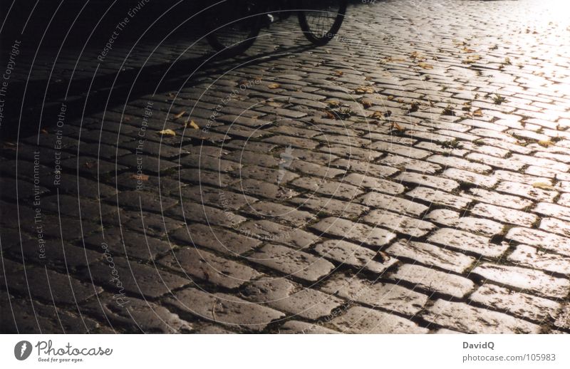 cobblestone wheeler Cobblestones Asphalt Cycle path Harrowing Shake Bicycle Sun Sunset White Gray Black Analog Home Closing time Light Traffic infrastructure