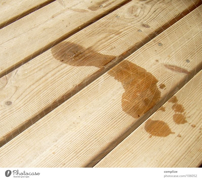 Barefoot on the sauna jetty Summer Water Wood Sign Footprint Large Wet Wooden floor Damp Finland Scandinavia Sole of the foot Tracks Wood grain Wooden board