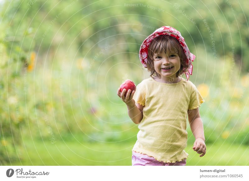Girl with apple Fruit Apple Nutrition Joy Face Summer Child Human being Toddler 1 1 - 3 years Hat Laughter Happiness Fresh Small Infancy Apple tree Bite Eating