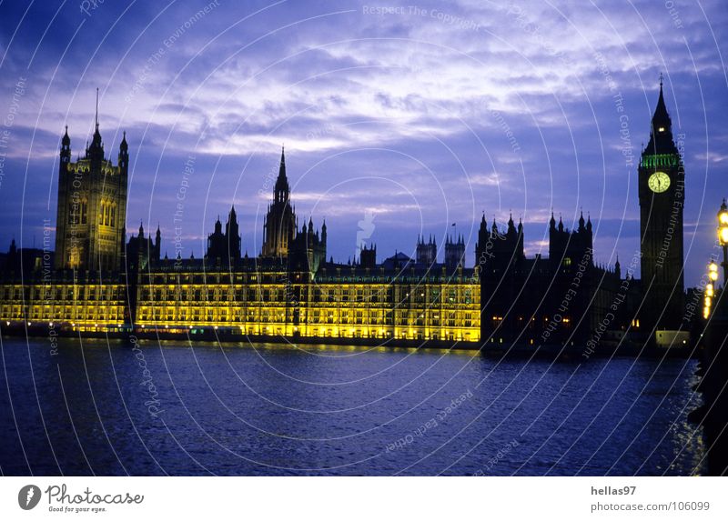 houses of parliament London Themse Big Ben Houses of Parliament Night Twilight Yellow Violet England Politics and state Landmark Monument River Light Blue