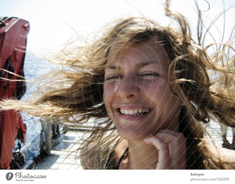 blown in the wind Wind Woman Feminine Happiness Ocean Ferry Portrait photograph Muddled Vacation & Travel Closed eyes Summer Spain Air Joy Hair and hairstyles