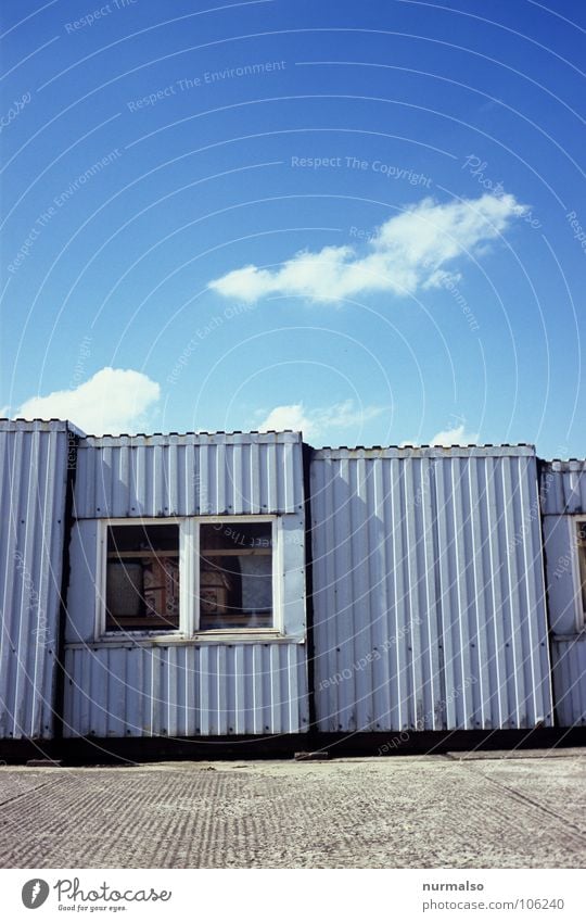 a line question Window Concrete Tin Clouds Small Large Together Gray Industry Blue Hut Container Sky stripped GDR emergency house construction worker's homes
