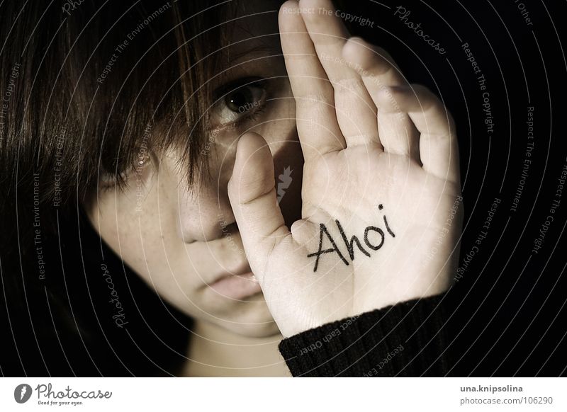 ahoy Young woman Youth (Young adults) Woman Adults Hand Sadness Emotions Grief Distress Goodbye Ahoy Salute Palm of the hand Portrait photograph 18 - 30 years