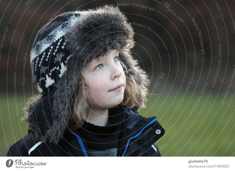 Can you see me, Grandpa? | Little boy looks up to the sky Human being Child Boy (child) Head Face 1 3 - 8 years Infancy Pelt Cap pilot's cap Fur-Russia-Cap