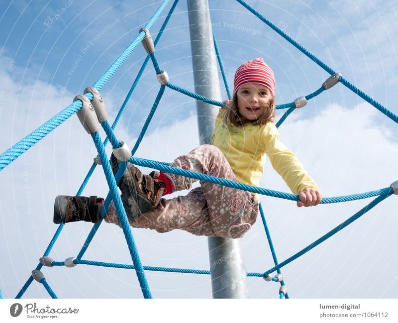 Girl on climbing frame Joy Climbing Mountaineering Child Rope Human being Infancy 1 3 - 8 years Pants Cap To hold on Laughter Playing Tall Above Happy Happiness