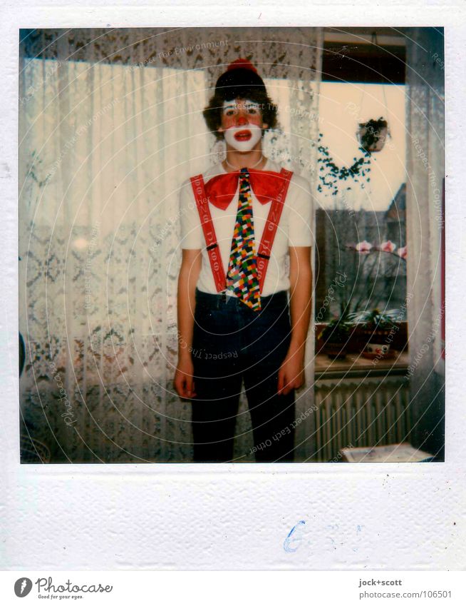 80s carnival costume as a clown Living or residing Living room Carnival Infancy Fly Mask Wig Feasts & Celebrations Funny Shame Inhibition Identity Past