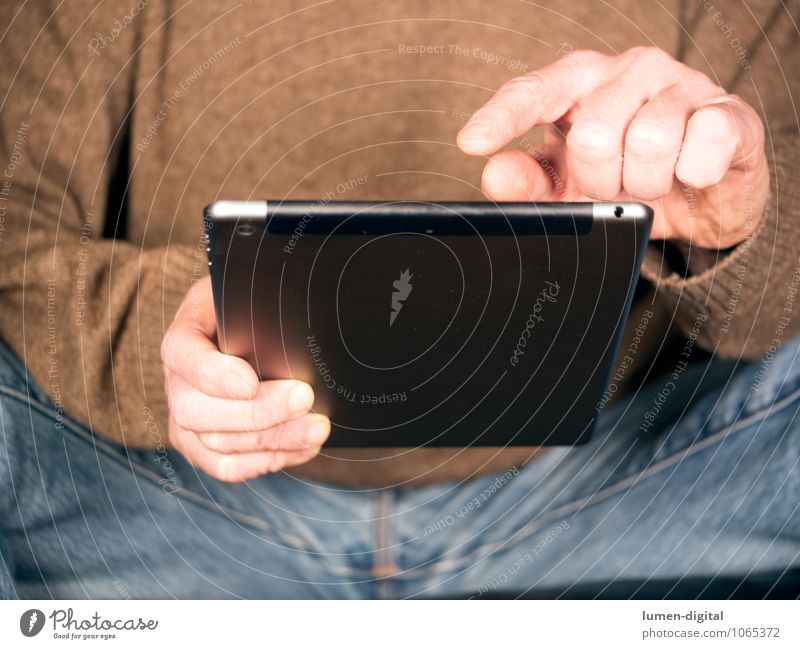Hands with Tablet PDA Hardware Technology High-tech Telecommunications Masculine Man Adults Fingers Network hands jeans screen sitting tablet tap touch use Sit