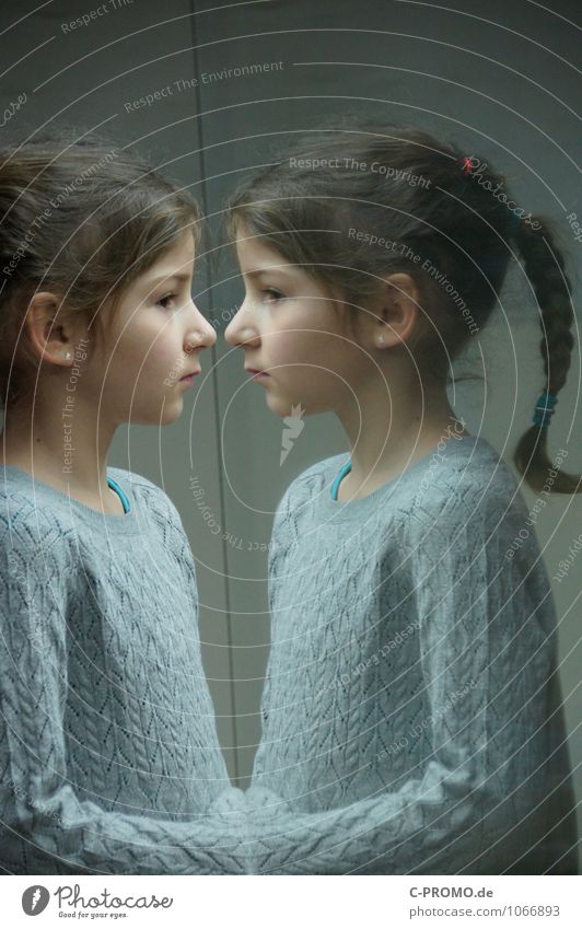 Mirrored girl 6 Child Human being Feminine Sister Friendship Infancy 3 - 8 years Sweater Earring brunette Glass Sadness Curiosity Gray Loneliness Perspective