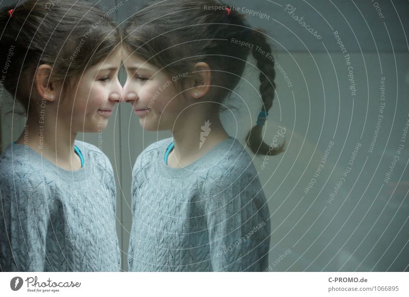 Mirrored girl 2 Human being Feminine Sister Friendship Infancy Twin 3 - 8 years Child Sweater Earring brunette braid Glass Looking Curiosity Gray Loneliness