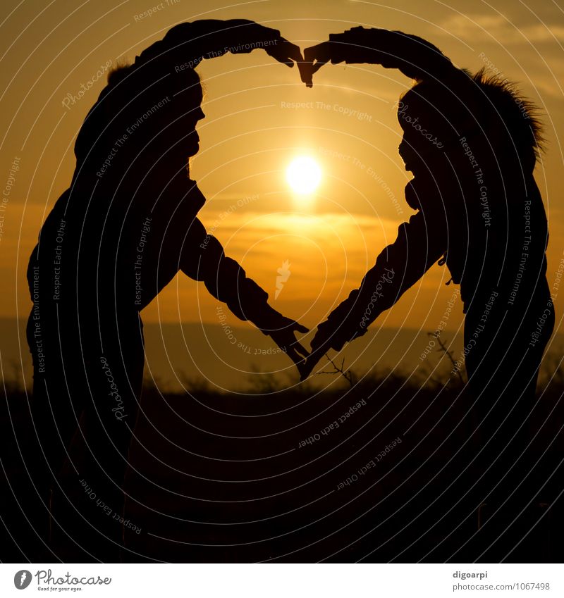 Sunset heart Joy Beautiful Life Summer Ocean Human being Girl Woman Adults Couple Hand Nature Sign Heart Love Together Yellow Emotions Happiness shape two light