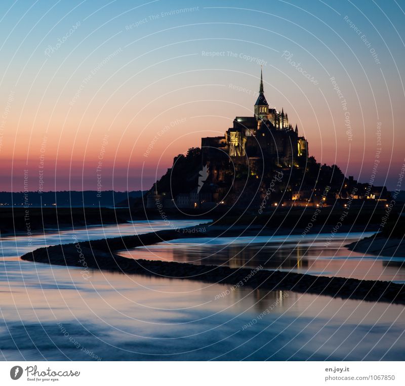 moat Vacation & Travel Tourism Trip Island Landscape Water Cloudless sky Sunrise Sunset Hill Mont St Michel River Normandie Brittany France Church Castle Tower