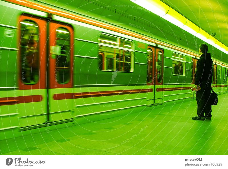 Toxic Subway Underground Subsoil Transport Green Man Human being Population Stripe Railroad Red Dark Light Wait Arrival Background picture Blur Platform Time