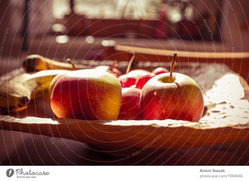 Recently on kitchen table I Food Fruit Apple Banana Nutrition Vegetarian diet Bowl Wooden bowl Healthy Authentic Simple Fresh Natural Juicy Yellow Red Moody