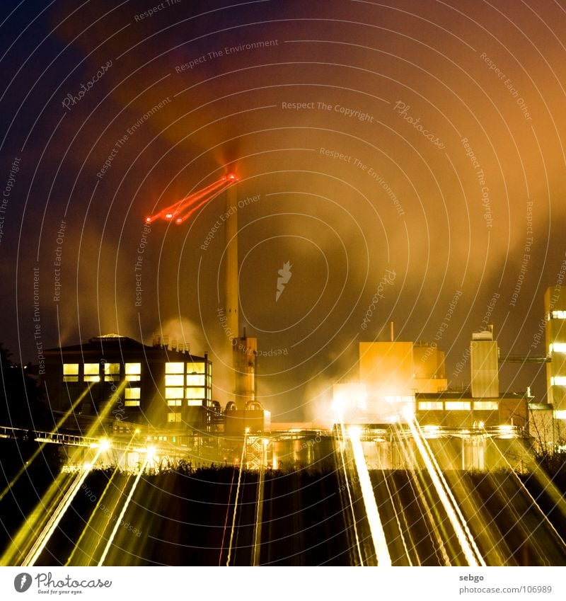 light factory Factory Light Red Radiation Building Commerce Night Long exposure Zoom effect Sugar refinery Industry Tower Chimney Steam Smoke Beam of light