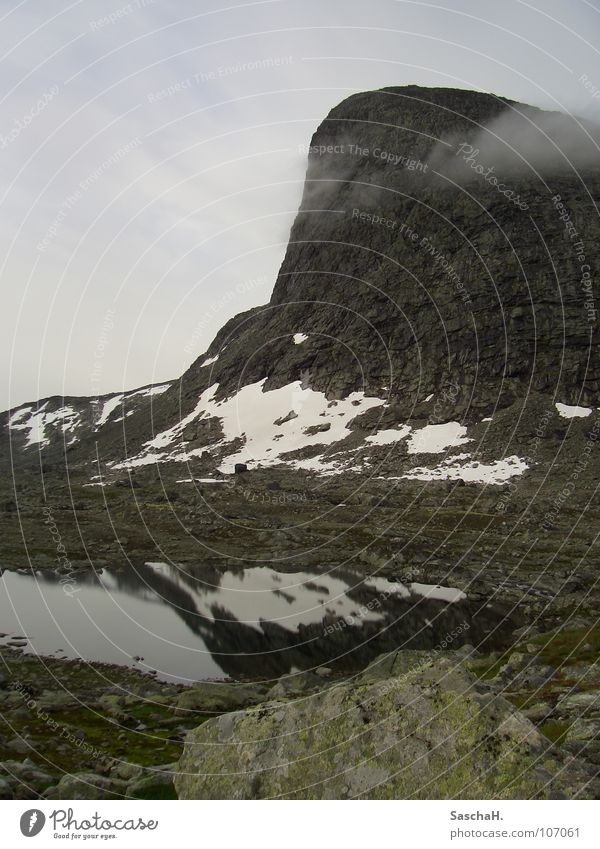 Olavsbu Lake Clouds Reflection Steep face Wall (building) Norway Loneliness Mountain Rock Stone Snow Jotunheimen Calm Morning Landscape