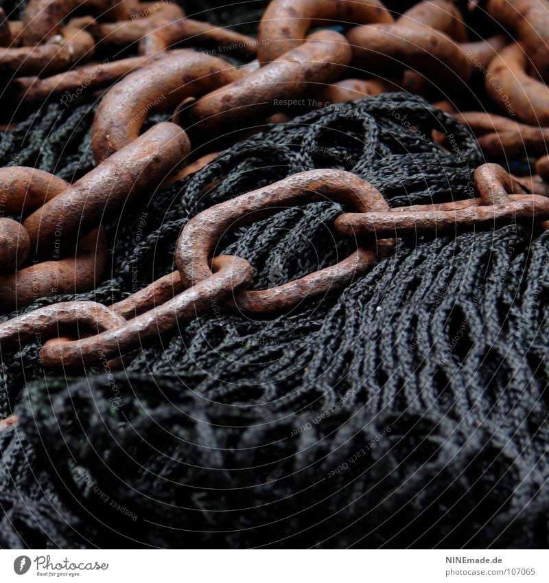 piece of jewellery Rope Iron Rust Iron chain Connect Chained up Black Interlaced Captured Fishing net Dark Eyelet Bondage Material Together Connectedness Bound