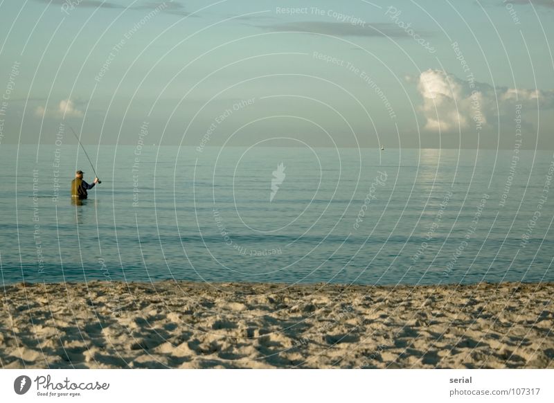 beach fishing Man Angler Masculine Fishing rod Fishing (Angle) Loneliness Beach Ocean Clouds Horizon Vest Cap Beige Gray Turquoise White Coast