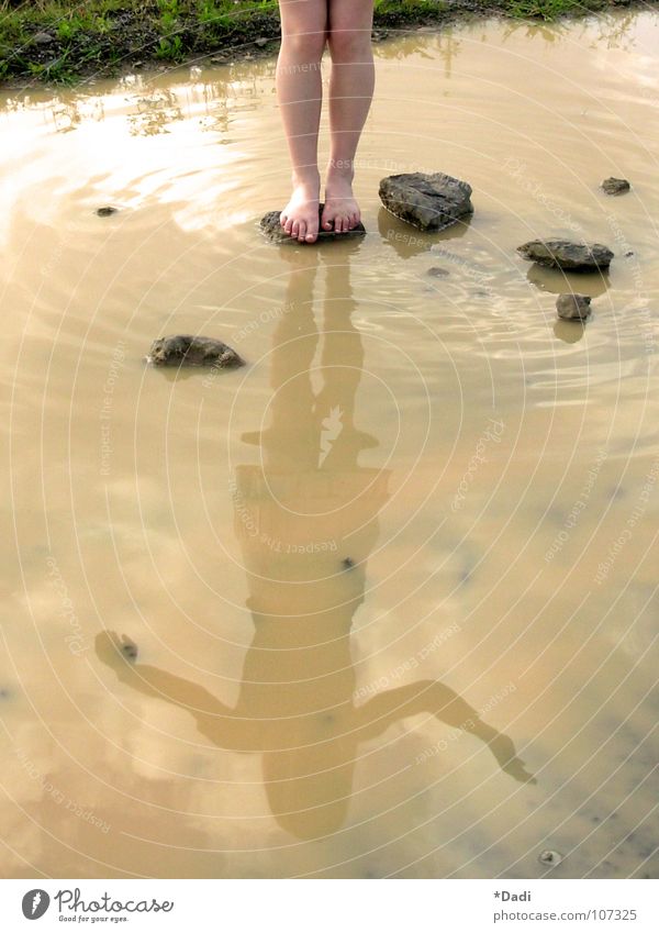 barefoot Water Dirty Brown Calm Dreary Stone Individual Gray Wet Woman Youth (Young adults) Skirt Dance Balance Grass Green Dark green Reflection Contentment