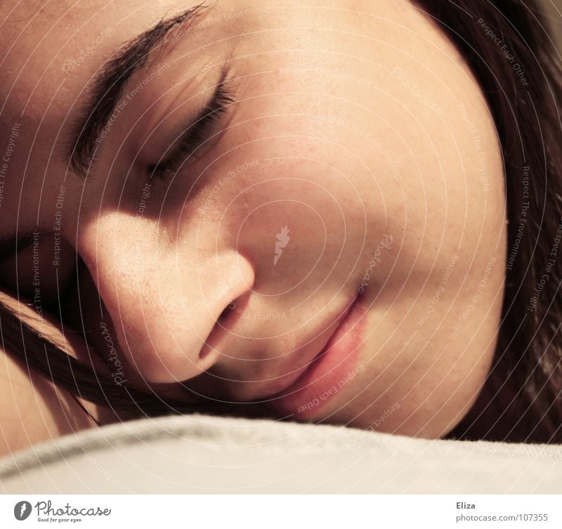 Face of a relaxed young woman portrait Sleep Dream Closed eyes Woman Harmonious Delicate Soft Wellness Lie Doze Contentment Strand of hair Relaxation Bed