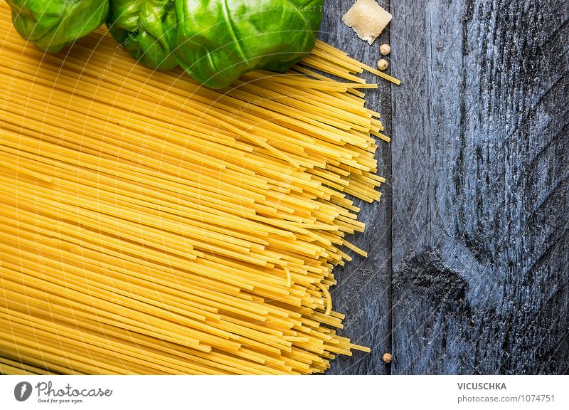 Spaghetti with basil on blue wooden table Food Dough Baked goods Herbs and spices Nutrition Lunch Banquet Italian Food Style Design Healthy Eating Table Kitchen