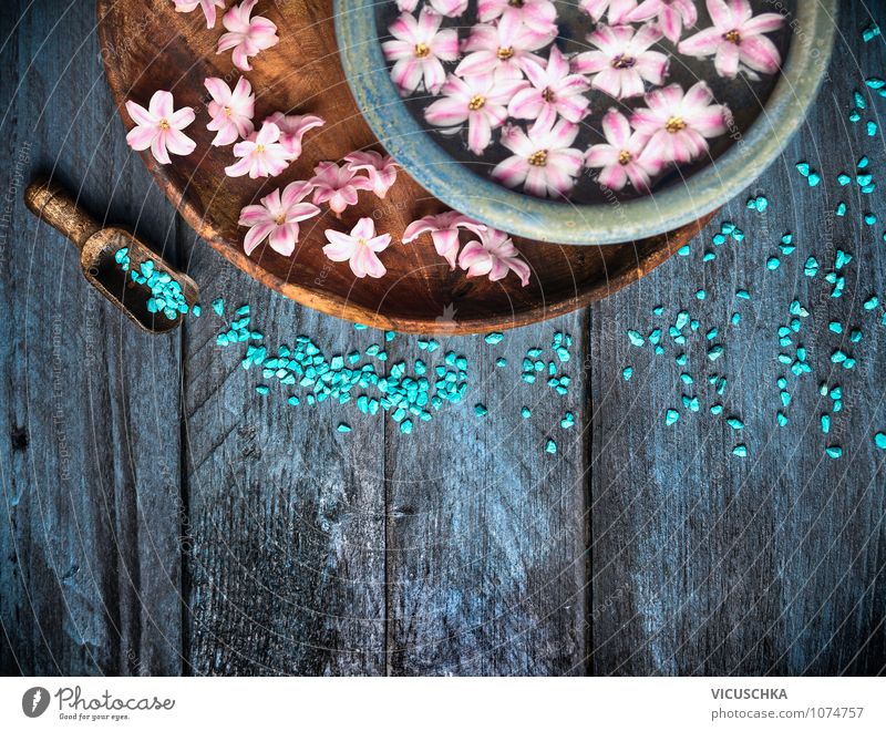 Wellness Composing with blue bath salts and flowers Style Design Beautiful Personal hygiene Fragrance Cure Spa Massage Nature Flower Bowl Water Wood Rustic