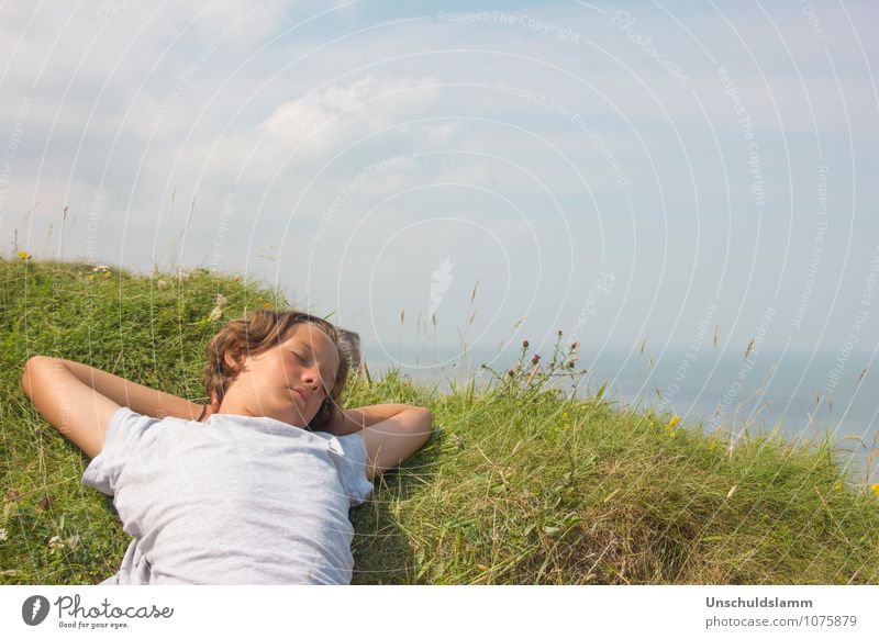 summer dreams Child Boy (child) Infancy Life 8 - 13 years Environment Nature Landscape Sky Clouds Horizon Summer Beautiful weather Grass Ocean Relaxation