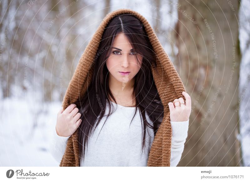 cape Feminine Young woman Youth (Young adults) 1 Human being 18 - 30 years Adults Winter Scarf Beautiful White Hooded (clothing) Colour photo Exterior shot Day