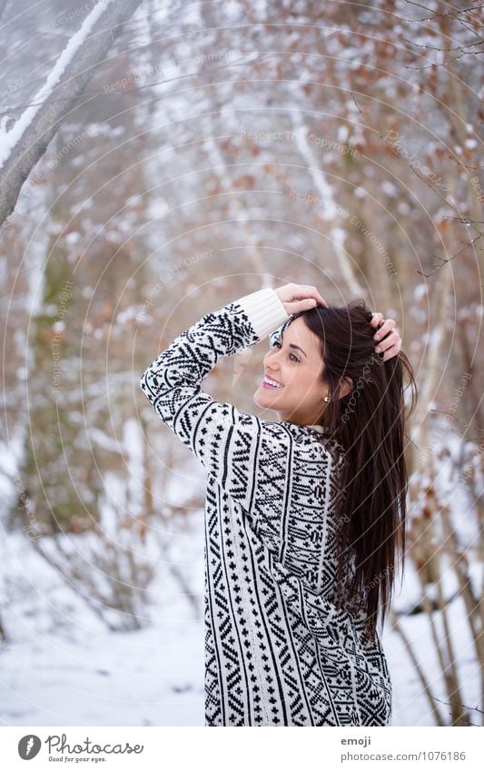 happy Feminine Young woman Youth (Young adults) 1 Human being 18 - 30 years Adults Environment Nature Winter Snow Brunette Long-haired Happiness Happy Beautiful