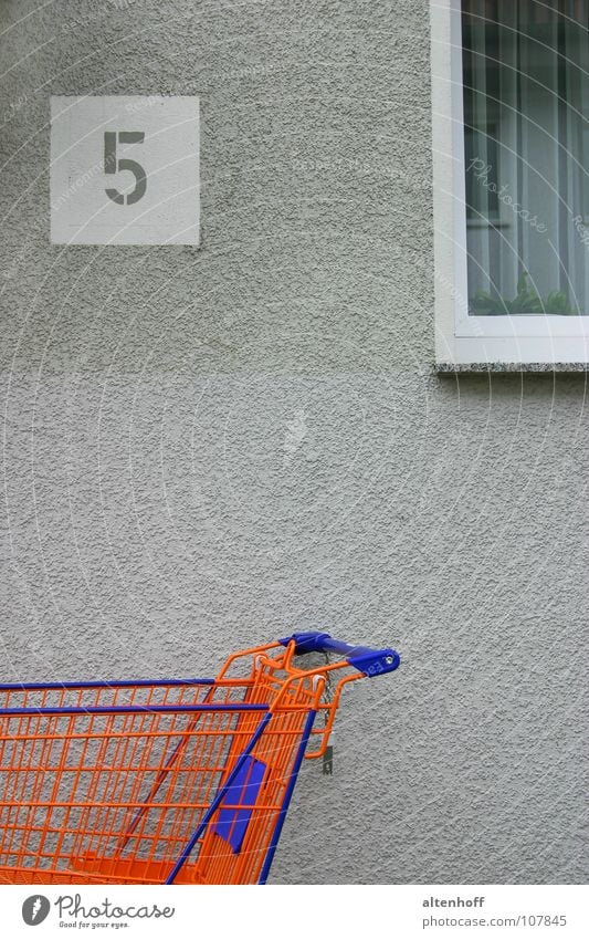 orange five Shopping Trolley 5 Gray Window Town Plus House number House (Residential Structure) Boredom Derelict Digits and numbers Orange Classification