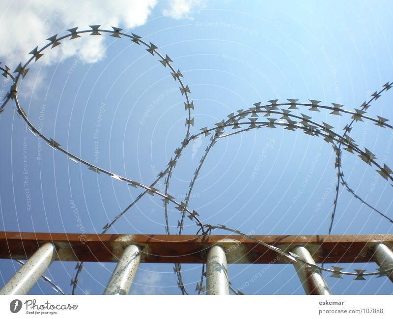 frontier Barbed wire Wire Barrier Fence Safety (feeling of) Dangerous Closed Hold Stop Border Round Curved Corner Aggression Detail Fear Panic Metal sharp-edged