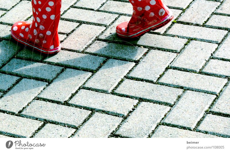 dots Rubber boots Boots Point Going Pave Red Child Girl Autumn Clothing Patch Walking Feet cobblestones Stone Lanes & trails Weather Paving stone