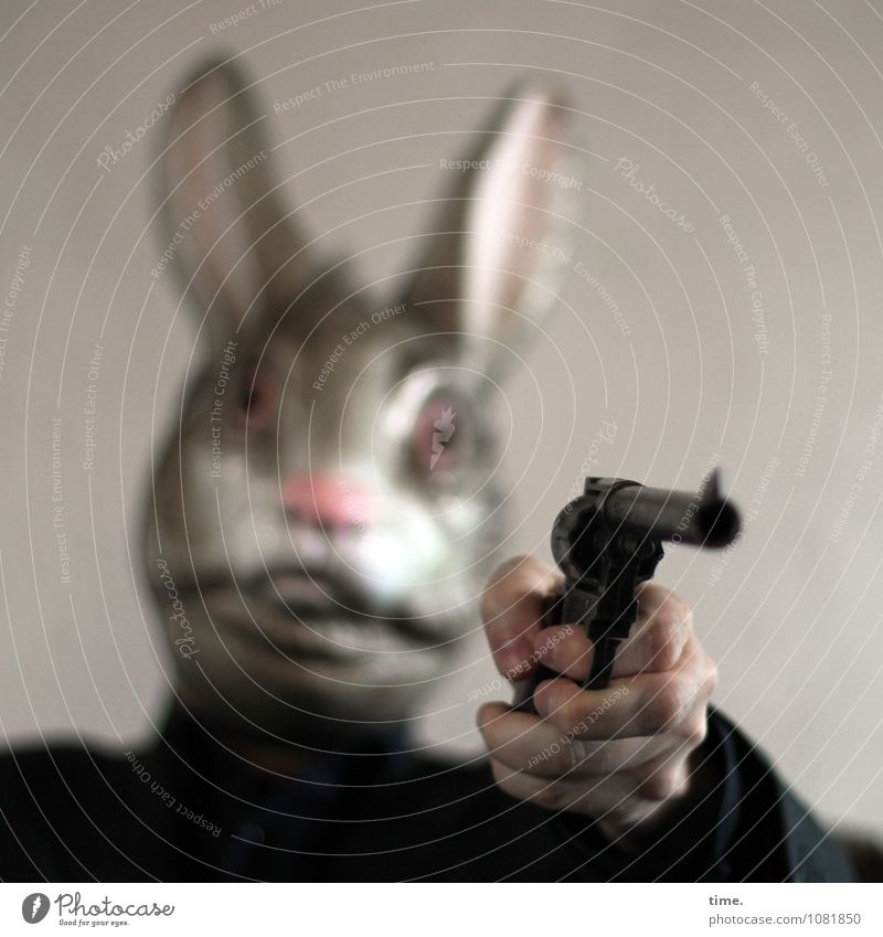Misunderstanding. Let's get your balls out of here. Handgun Weapon Gunpoint Firearm 1 Human being Artist Stage play Mask Hare & Rabbit & Bunny Animal To hold on