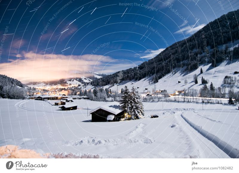 Reason b. Gstaad Winter Snow Mountain Hut Nature Landscape Elements Night sky Stars Beautiful weather Alps Saanenland Detached house Movement Rotate Round Blue
