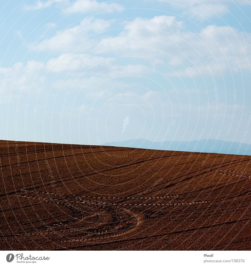 idle Field Clouds Agriculture Furrow Plowed Brown Puristic Sky Earth Sand Tracks Structures and shapes Silhouette Floor covering fallow Tractor track
