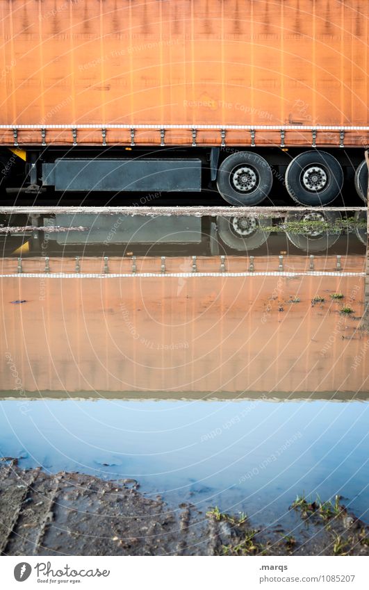 LORRY Work and employment Logistics Puddle Transport Truck Stand Perspective Symmetry Date Colour photo Exterior shot Deserted Copy Space top Copy Space middle