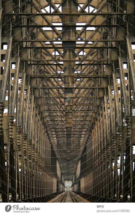 Iron ribs Steel Railway bridge Budapest Direct Tunnel Infinity Far-off places Bridge Metal Scaffold Railroad Gloomy Line